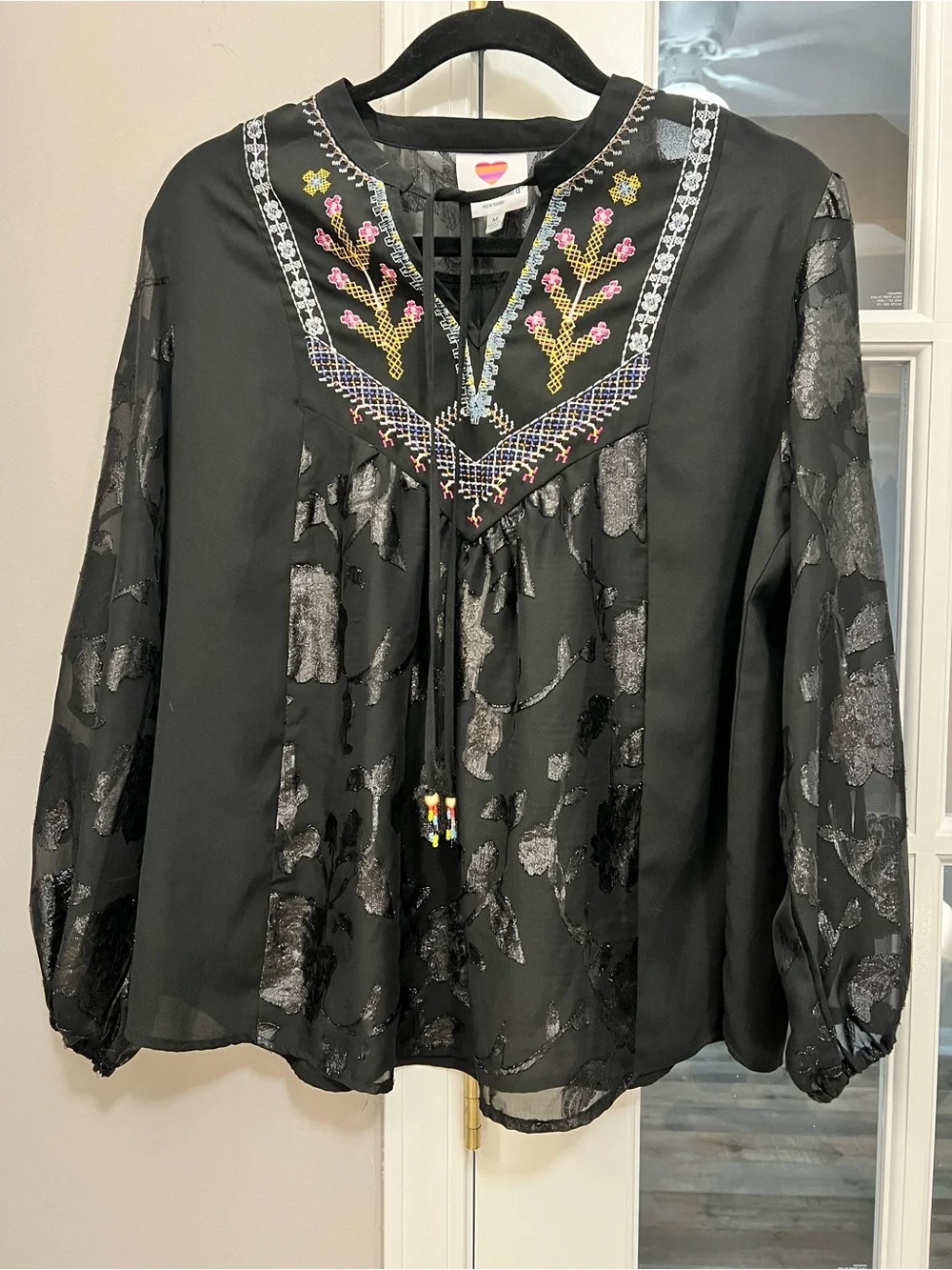 Black Embroidered Peasant Blouse with Beaded Tie and sheer jacquard sleeves M